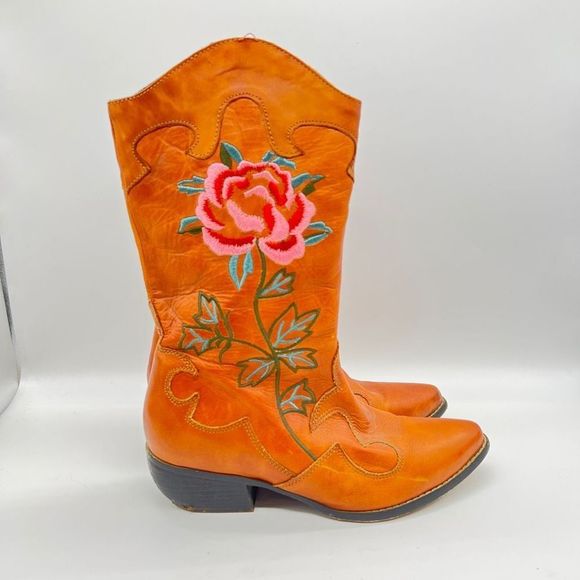 Orange Embroidered Ankle Boots - Picture 6 of 16